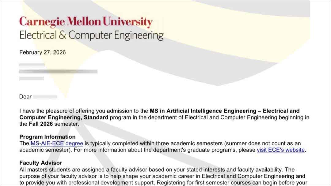 26_fall丨卡耐基梅隆大学 AI-人工智能硕士 国内首枚公布！大热喜录！