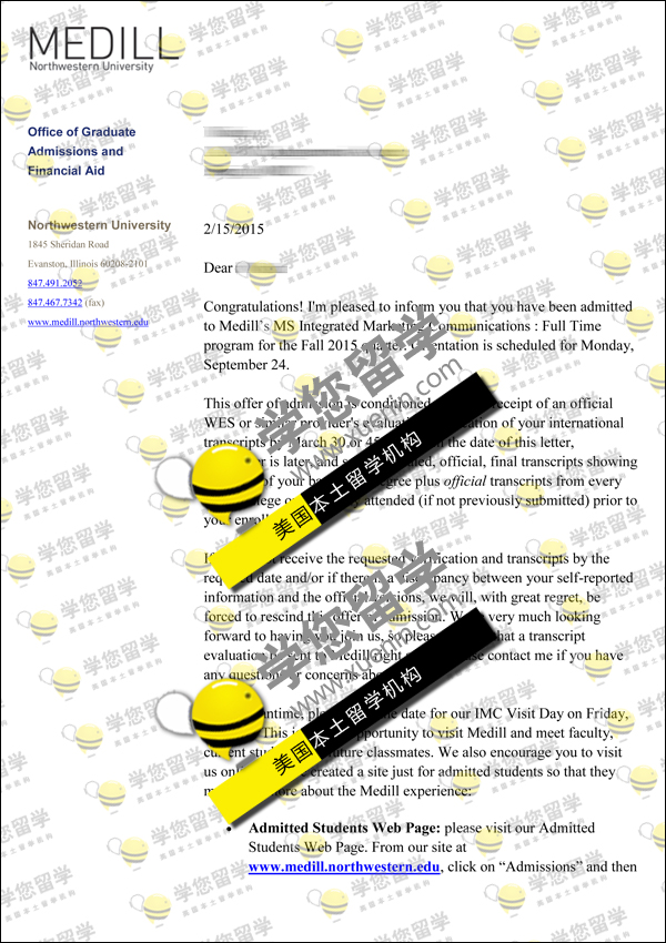 NU-喜报！H同学收到2015秋季 西北大学 市场营销硕士录取一枚