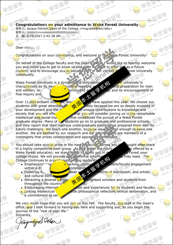 WFU-恭喜L同学成功收到 维克森林大学 商学本科Offer一枚