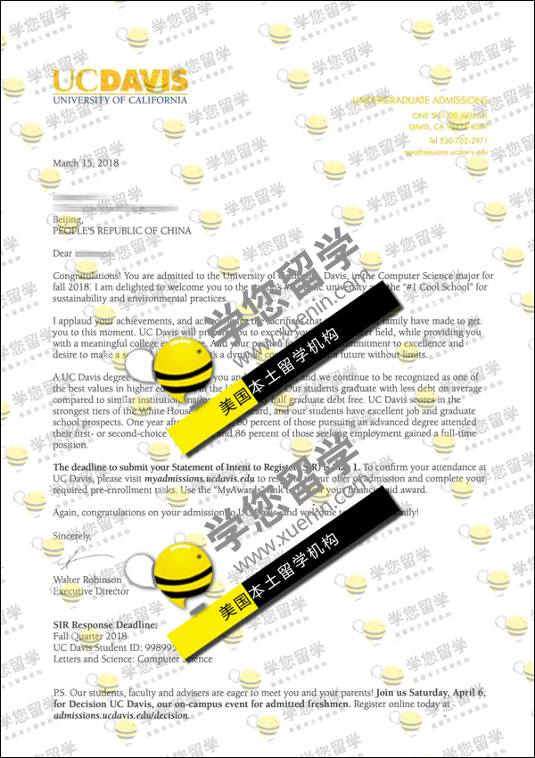 UCD-祝贺D同学获2018-Fall 加州大学戴维斯分校 CS计算机科学AD一枚