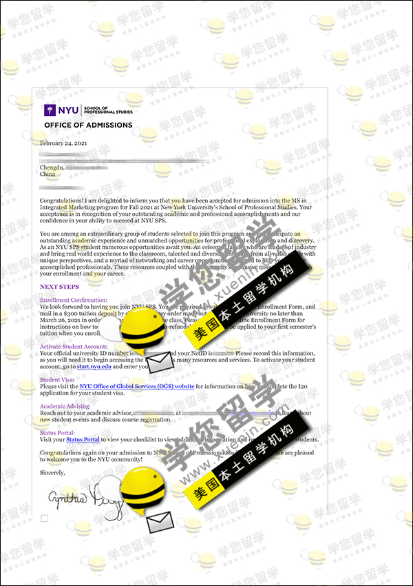NYU-祝贺C同学收到 纽约大学 MKT项目硕士录取一枚